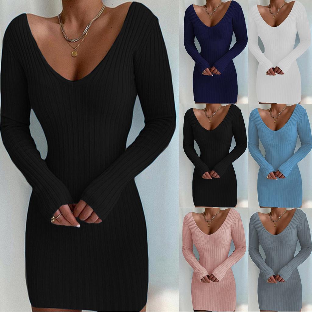 Women's Autumn And Winter Long Sleeve V Neck Knitted Sweater Slim Solid Color Pullover Medium Length Sweater