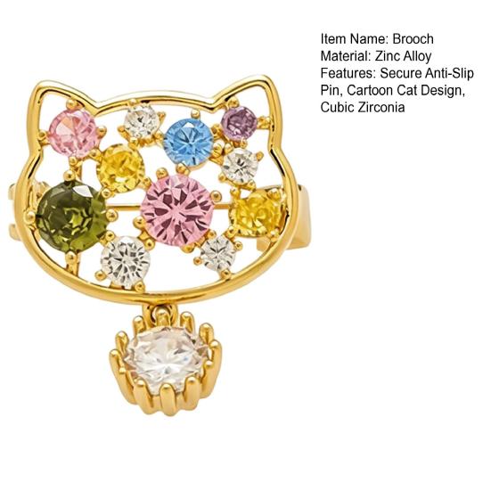 Brooch Pin, Cartoon Cat Design Lapel Pin with Cubic Zirconia, Anti-Exposure Button Cardigan Pin for Bags Hats