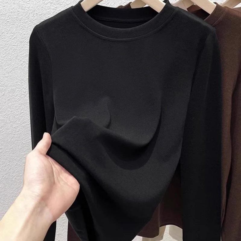 

Women s Double-sided Plush Layer Top: Round Neck, Long Sleeve, Thick, Warm, Slim-fit, Brushed, Autumn/Winter Style 2025. M (95-105 lbs) чёрный