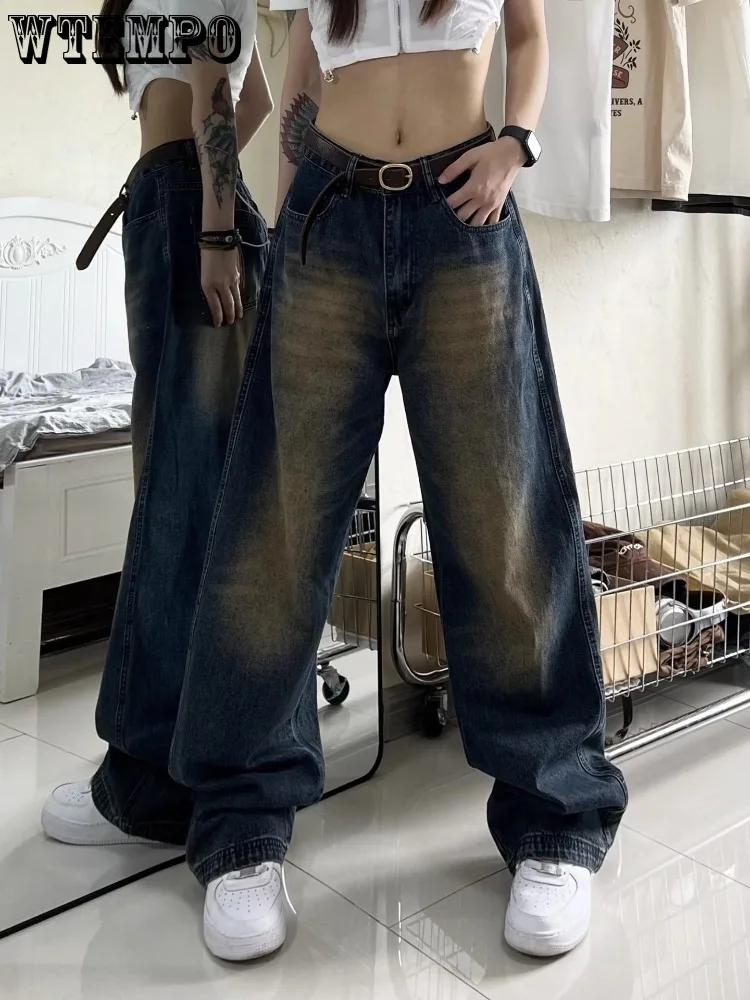 WTEMPO Streetwear Style Blue Straight Vintage High Waist Jeans Pants American Retro Style Women Wide Leg Baggy Y2K Denim Trouser