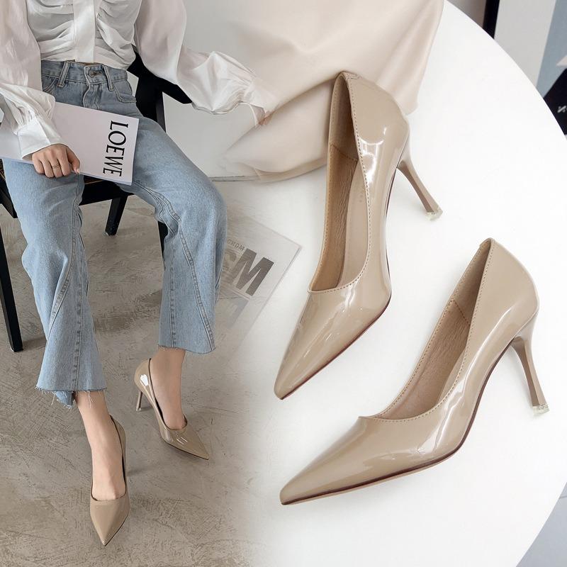 20 shallow patent leather thin heel black high heels single shoes women's shoes pointed solid color design versatile