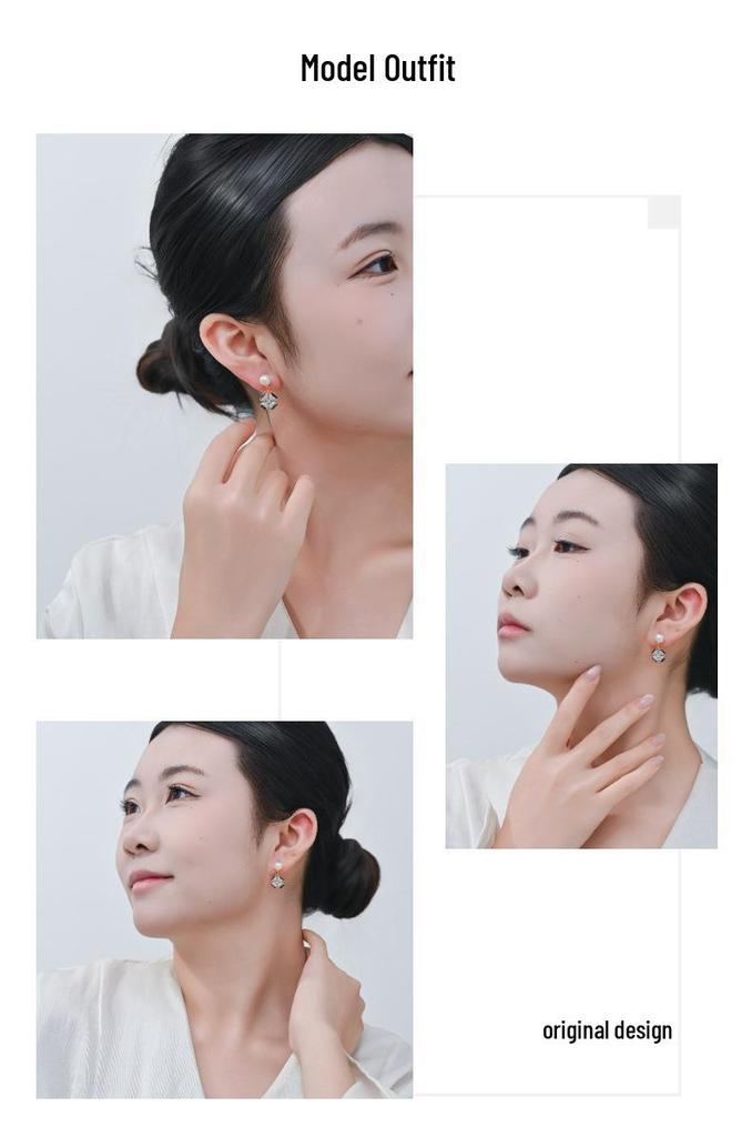 Chinese Enamel Freesia Pearl Tassel Earrings - Four-Leaf Clover Silver Studs for Women