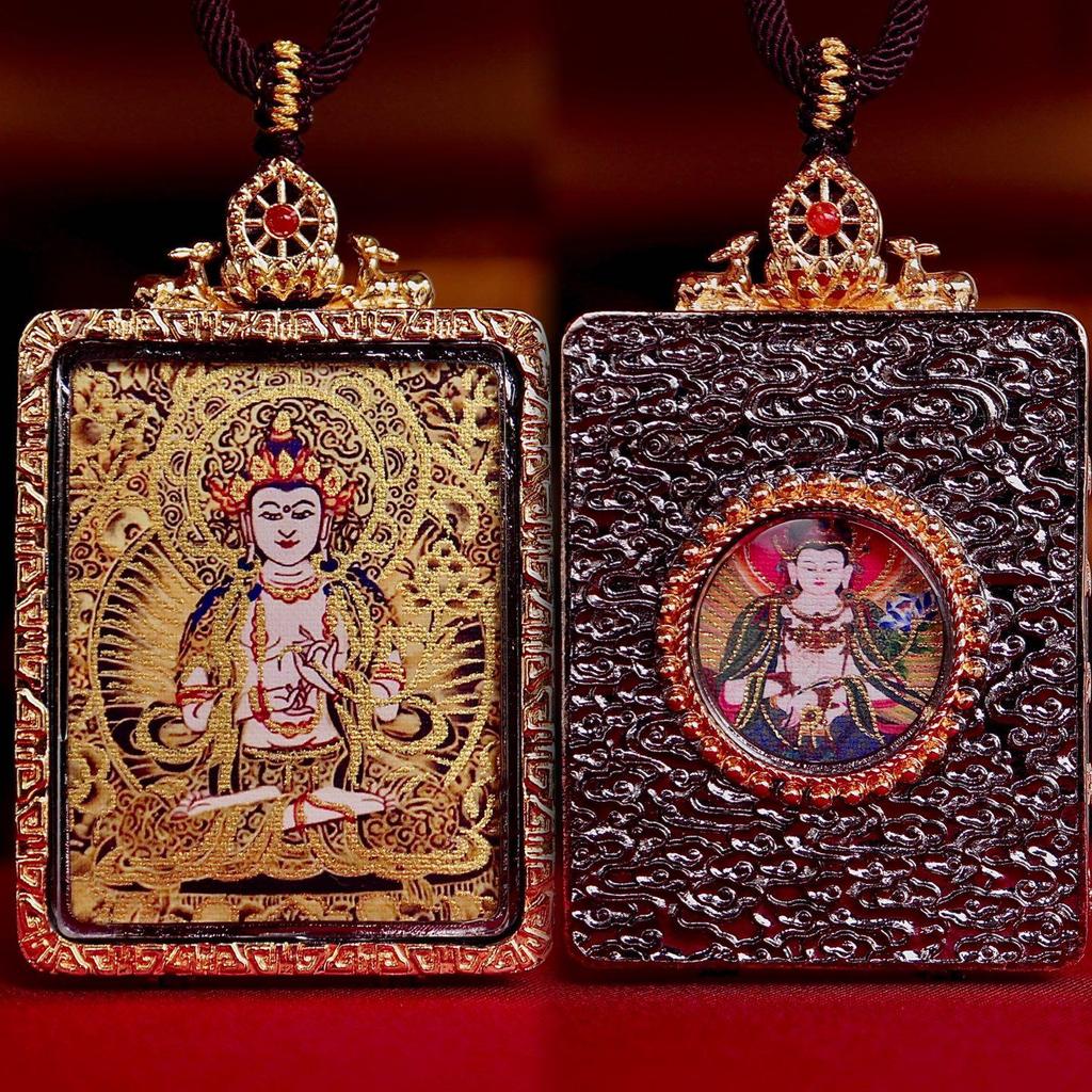 Qinghai Thangka Pendant: Eight Protectors Series, Semi-Hand-Painted Double-Sided Amulet with Guardian Deity.