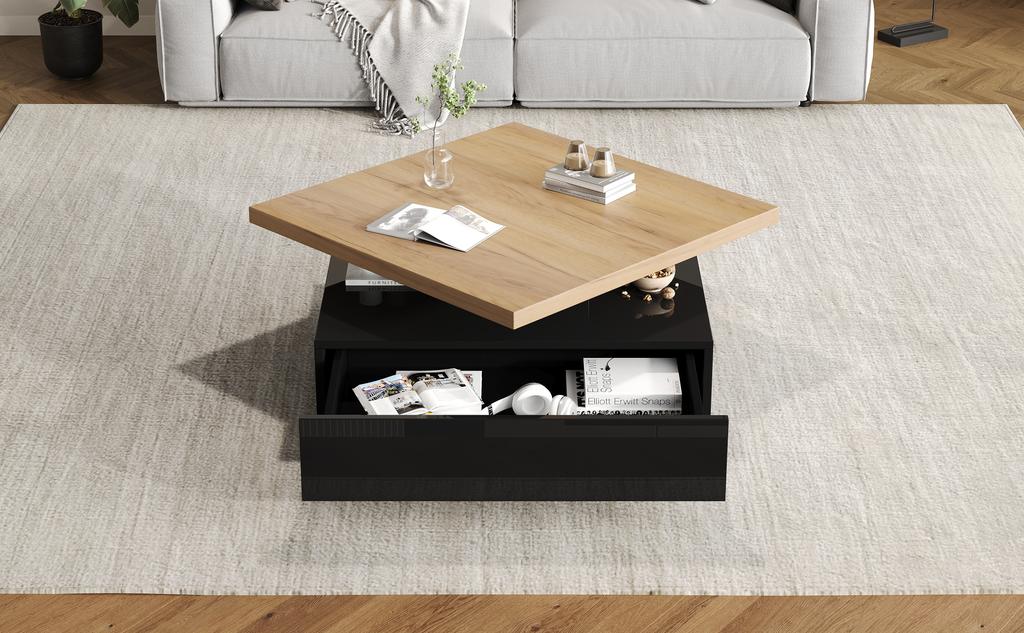 Multifunctional Square 360 Degrees Swiveling Coffee Drawer, High-Gloss 2-Tier Table and Storage Cabinet, Side Table, Natural Wood + Black