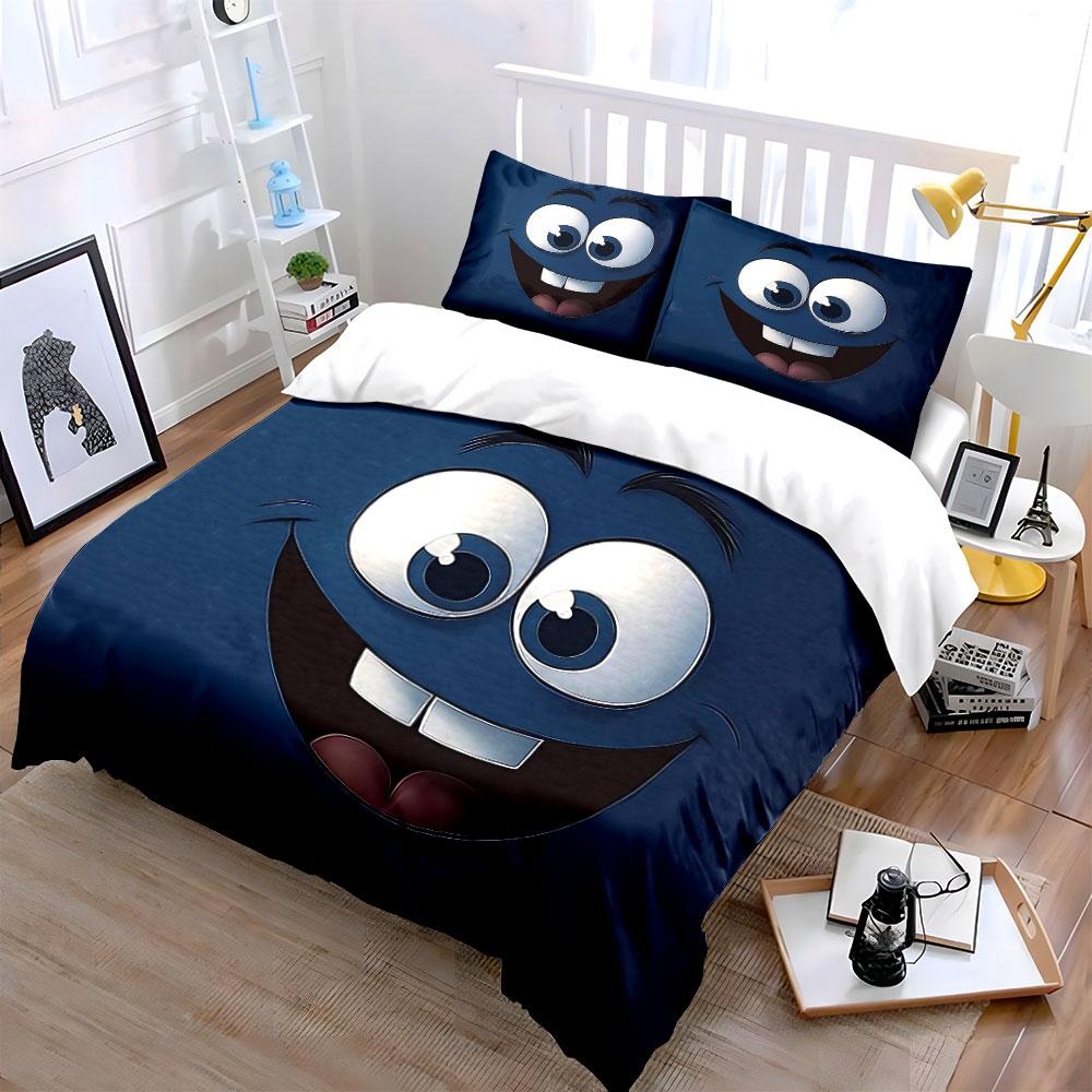 "Cartoon Face Decor Set" Bedding Set with 1 Duvet Cover 2 Pillowcases Single Double King Queen, Gift