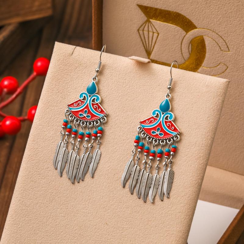 Bohemian Ethnic Fan Shaped Oil Dropped Rice Bead Earrings for Women Fashion Creative Design Silver Color Metal Leaf Earring разноцветный