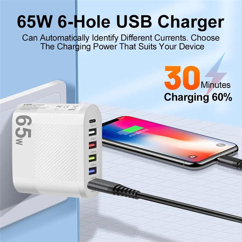 65W 6 Ports USB Charger Type C PD Fast Charging Adapter Mobile Phone Charger For Xiaomi iPhone Samsung Huawei QC 3.0 Charge Wall Charger