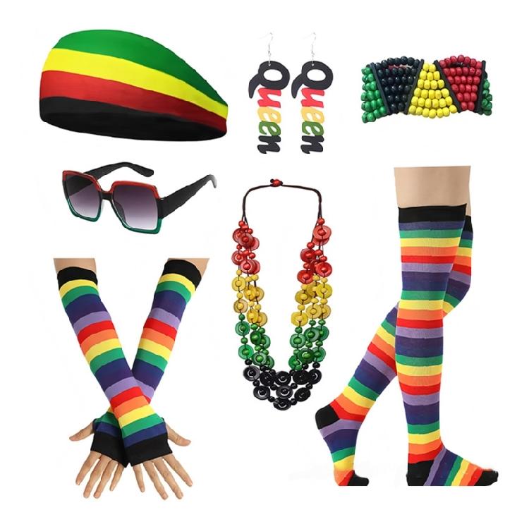 Rastafarian Women's Jewelry Set Juneteenth Jamaica African Accessories Headband,Sunglasses,Wood Dangle Earrings,Necklace