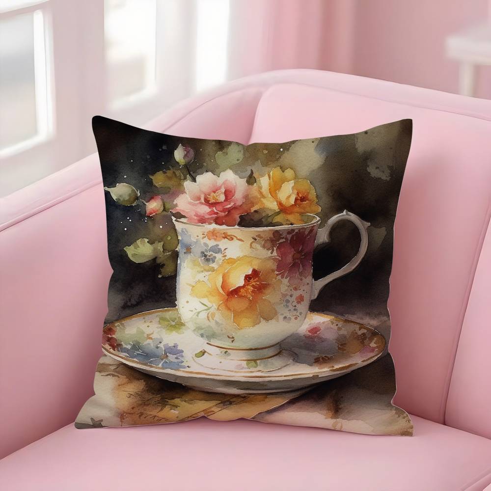 Painting Cup Of Flowers Pillow Case Soft Plush Fabric Double Sided Print Decorative Home Living Room Gift Cushion Cover