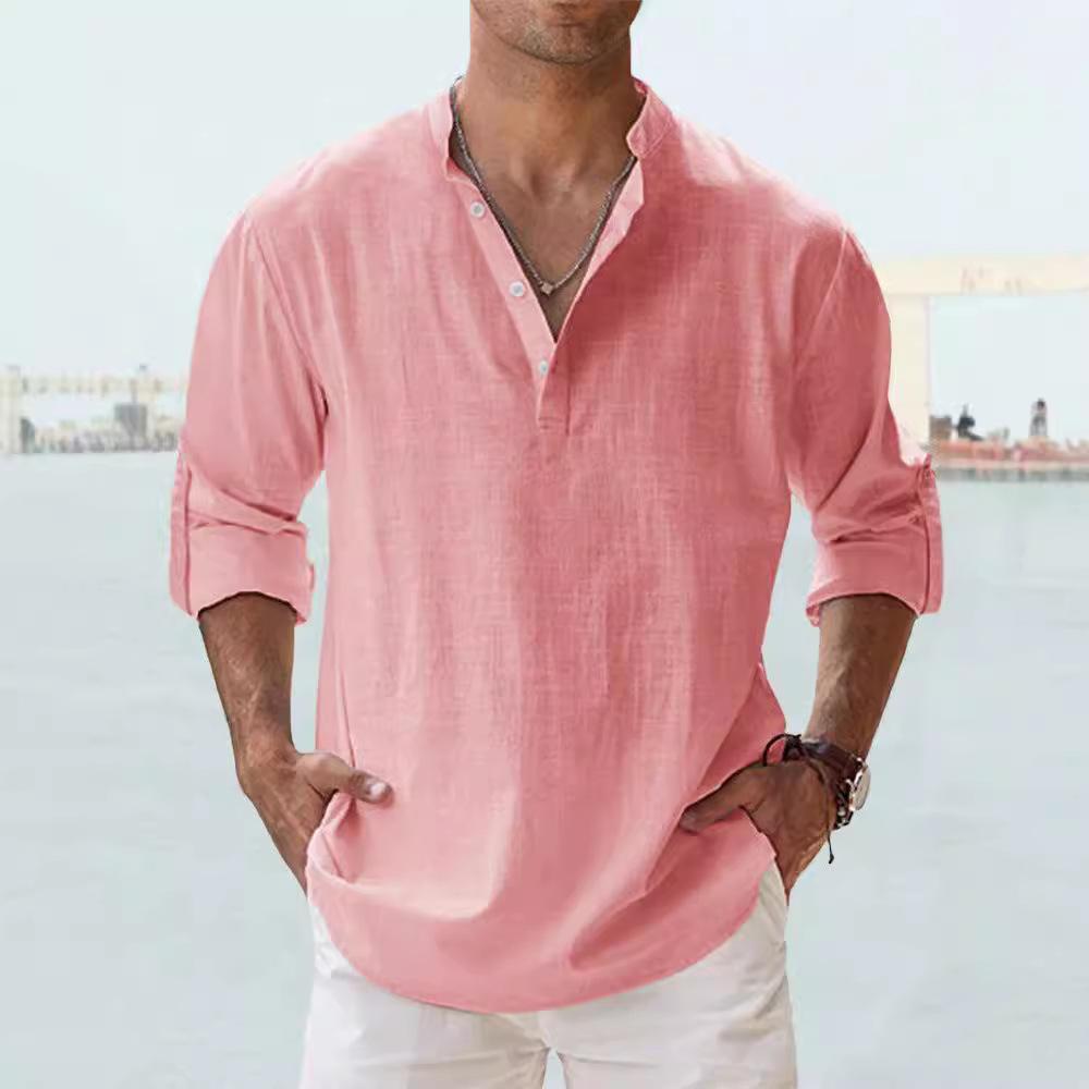 Men's Linen Stand Collar Long Sleeve T-shirt Loose Sweatshirt Solid Color Long Sleeve Cotton Linen Shirt Men