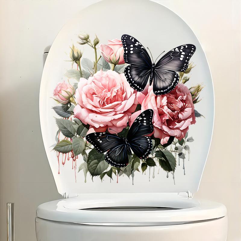 Pink Rose Black Butterfly Floral Wall Stickers Self Adhesive Peel and Stick Decor for Bathroom Cabinets Refrigerator Doors Home Decoration