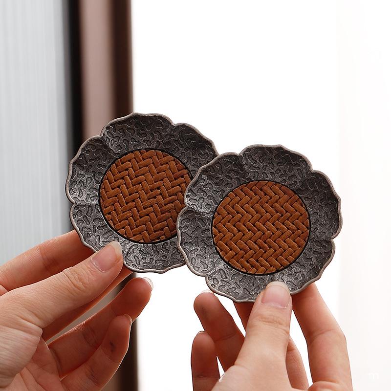 Chiński Antyczny Stop Srebra Podstawka pod Szklankę Mata Bambusowa Izolacja Cieplna Taca pod Filiżankę Chiński Zestaw do Herbaty Kung Fu Gongfu Akcesoria Naczynia do Herbaty