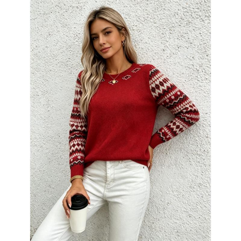Women S Loose Fit Geometric Jacquard Crew Neck Long Sleeve Knit Sweater