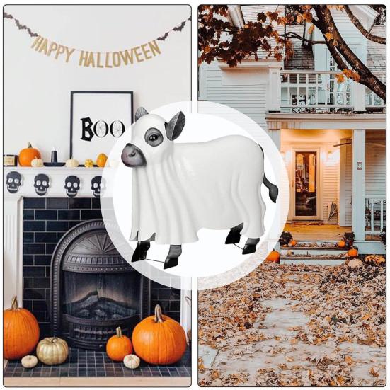 Ghost Cow Statue Halloween Draped Ghost Cattle Figurine Resin Sculpture for Indoor Outdoor Desktop Garden Yard Decor