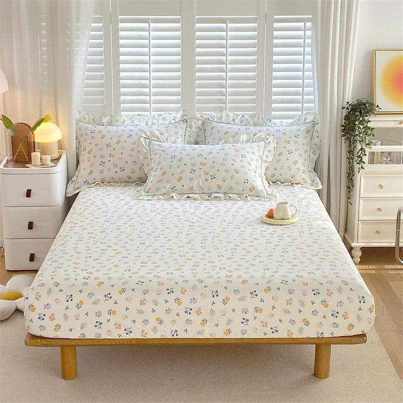 Bonenjoy 1 Pc 100%Cotton Fitted Sheet Floral Flower Printed Bed Cover With Elastaic Queen/King Size Bed Fitted Sheet 180X200Cm