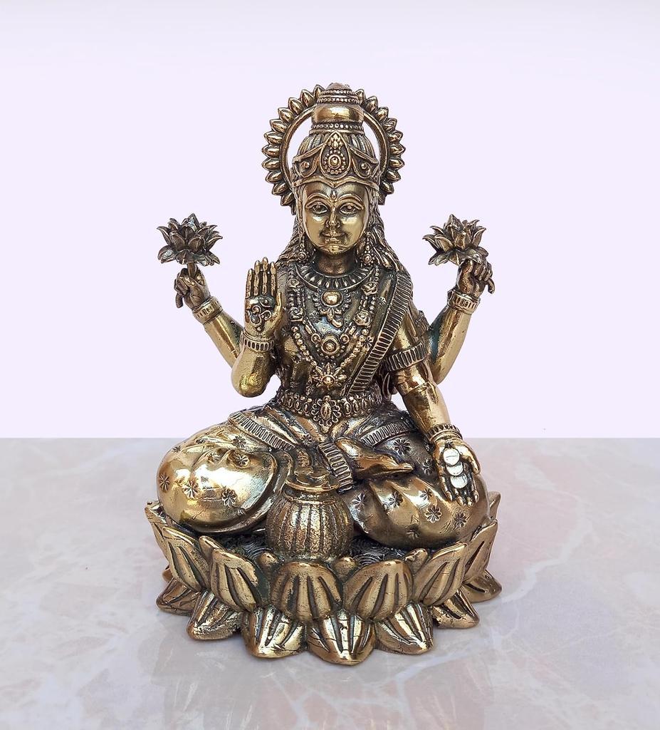 Fine Brass Lakshmi Laxmi Statue, Idol For Home Temple Office, Bronze - 5 Inch