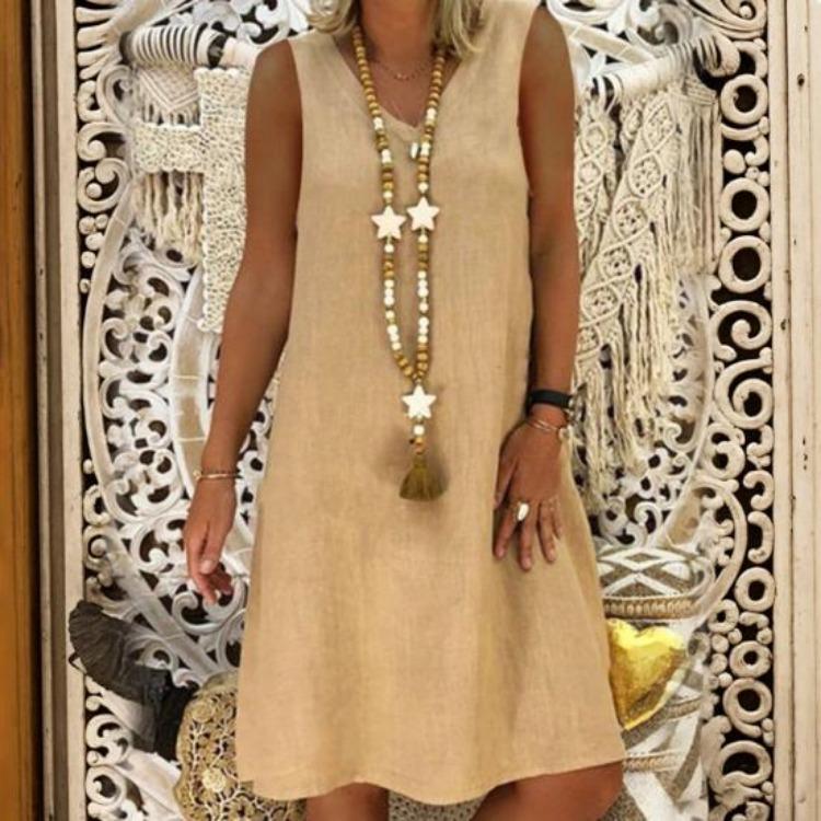 Summer Vacation Beach Dress Lady Sleeveless V Neck A Line Solid Color Knee Length Midi Pullover Vest Dress