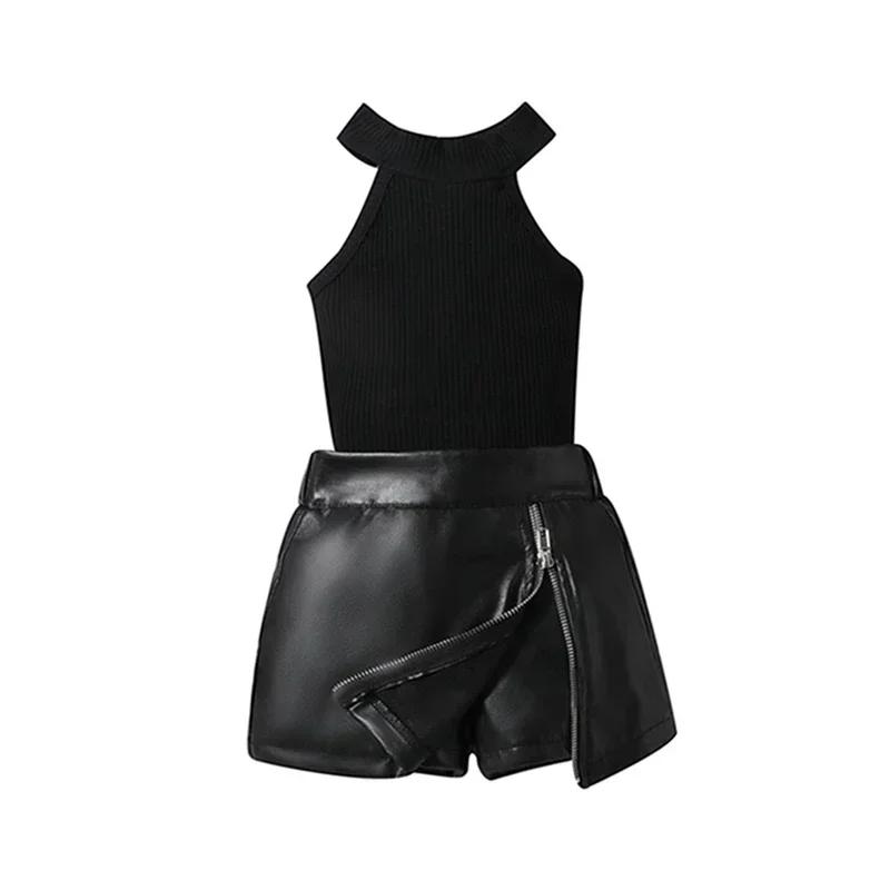 

Kids Baby Girl Clothes 2pcs Outfits Solid Ribbed Sleeveless Tank Tops Leather Zipper A-line Skorts Summer Set 90 чорний