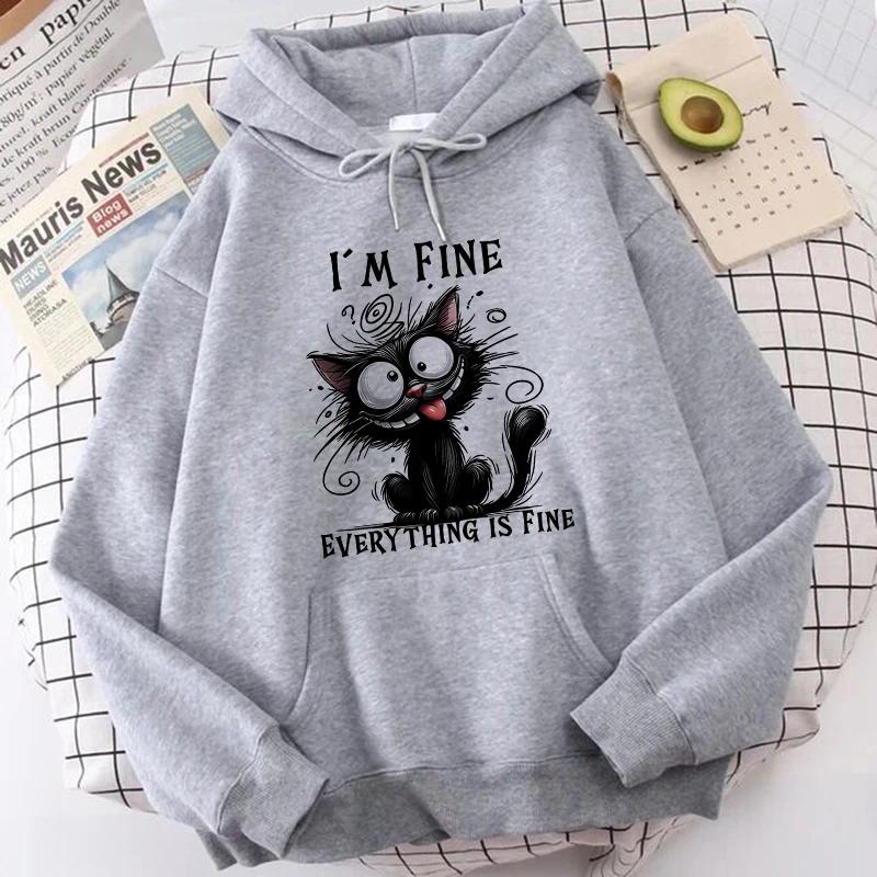 Women's Vintage Y2k Sweatshirts Hooded Clothes Kawaii Pullovers I'm Fine Everything Is Fine Sarcastic Cat Printed Hoodies