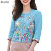ZANZEA Women Casual Round Neck Summer 3/4 Sleeve Print Blouse