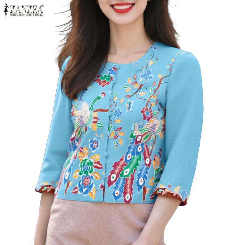 ZANZEA Women Casual Round Neck Summer 3/4 Sleeve Print Blouse