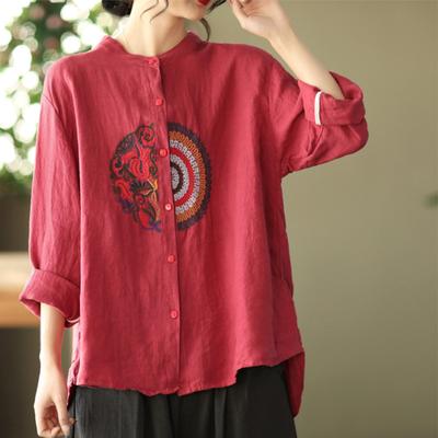 Women Retro Linen Long-sleeved Shirt Embroidered Solid Color Loose Casual Bottoming Shirt Tops Blouse