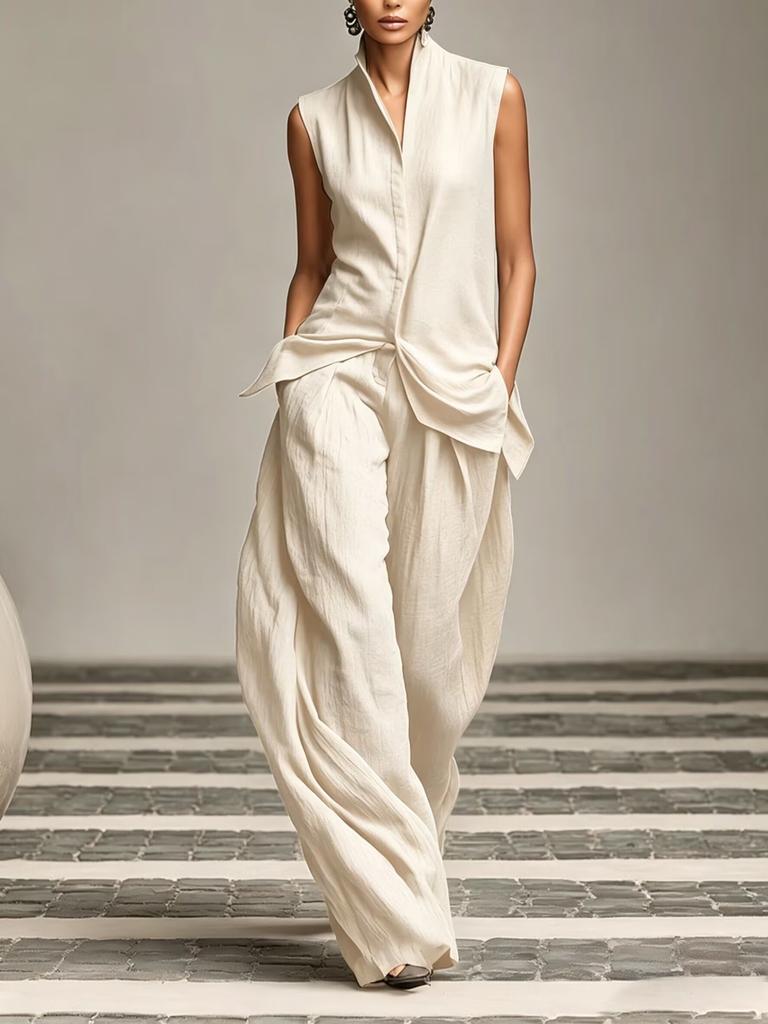 1116 European and American new solid color stand-up collar sleeveless casual top and loose trousers women's clothing