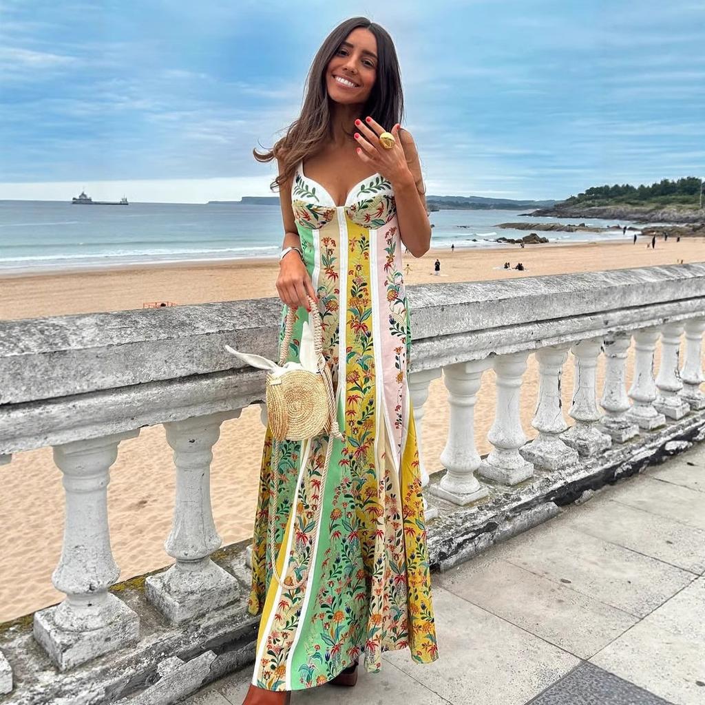 European and American Summer New Suspender Plant Flower Print Casual Vacation Waist Dress Women