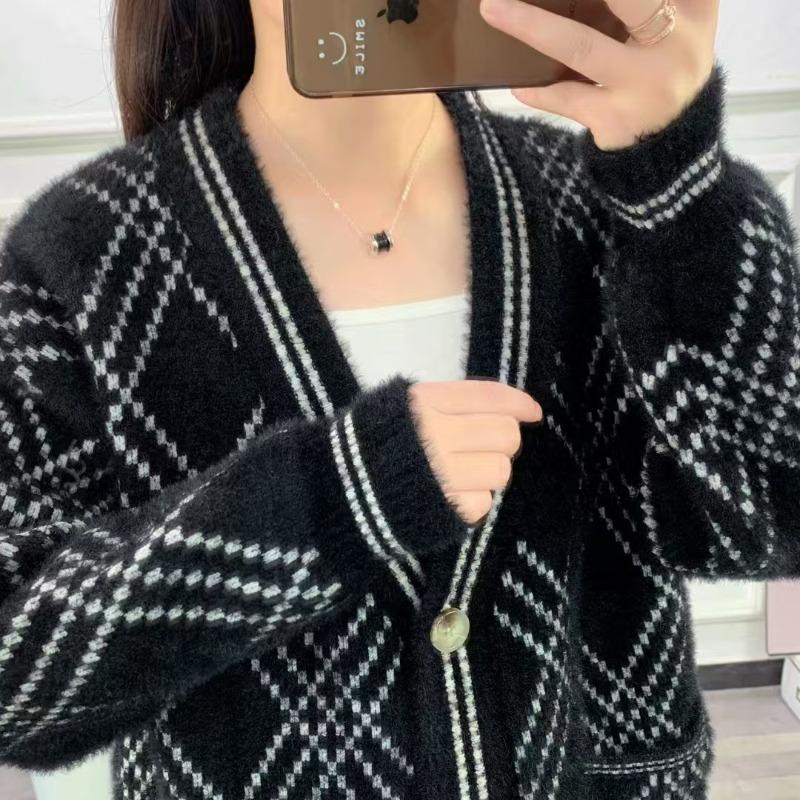 New imitation mink women's plaid loose lazy wind fairy sister student sweater women's jacket knitted cardigan