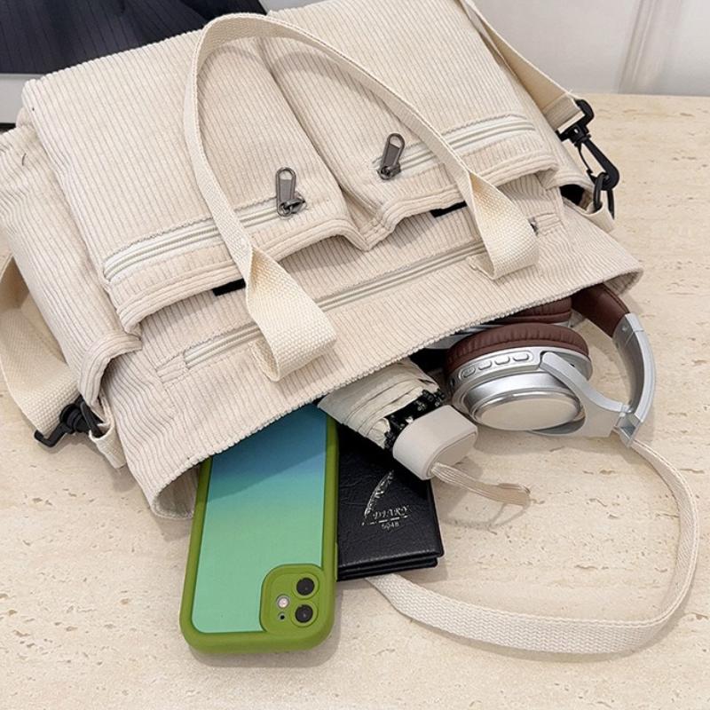 Multi-Pocket Corduroy Women Shoulder Bags Autumn Simple Solid Color Ladies Crossbody Bag Large Capacity College Handbags Tote