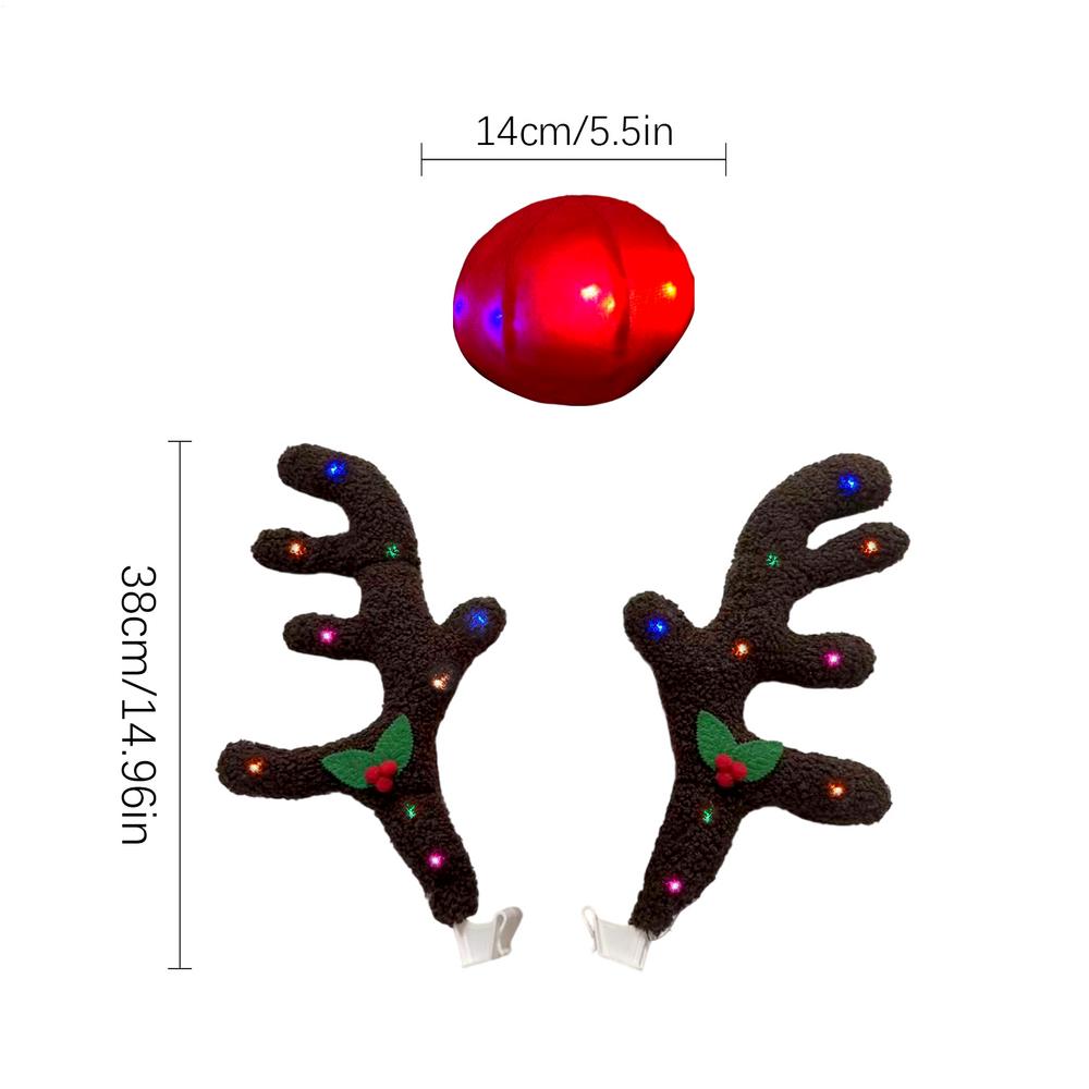 Enfeite de Renas de Natal para Carro com Luzes LED Traje de Galhadas para Exterior de Automóvel Decoração de Carro de Alce de Veludo Polar de Natal