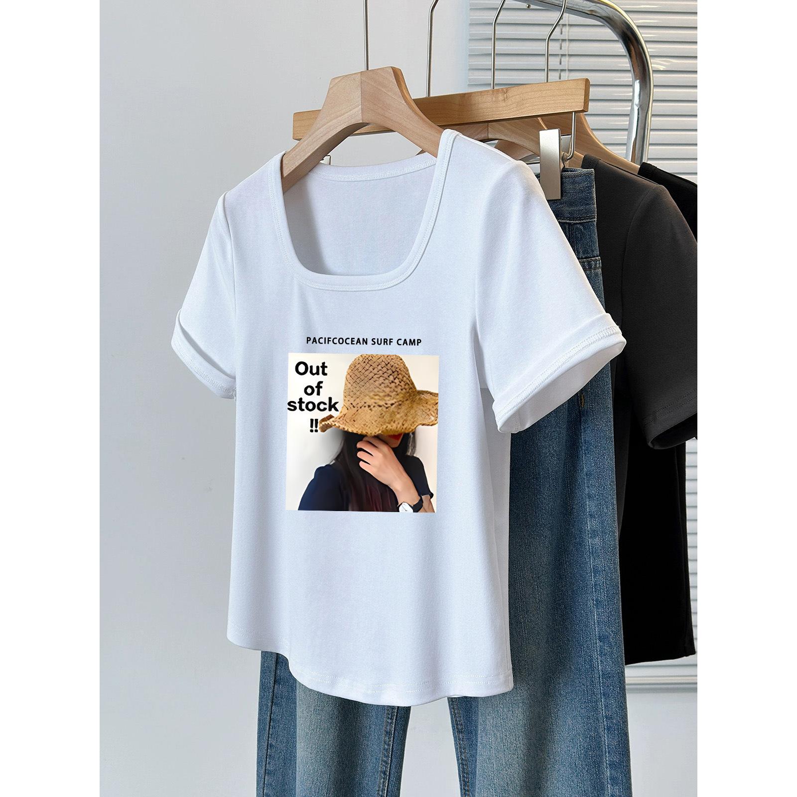 

Женская одежда больших размеров, закрывающая проблемные места и подчеркивающая стройность, футболка с коротким рукавом, летняя, для полных, универсальный дизайн, с принтом букв спереди M [80-60kg]