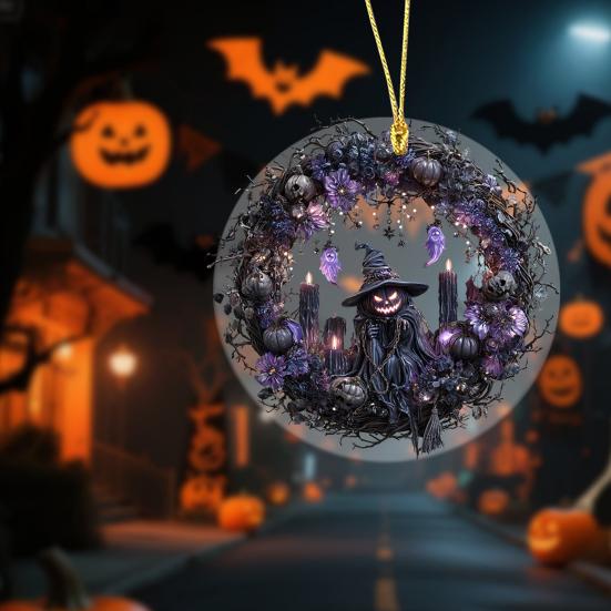 Pumpkin Witch Decoration Halloween Hanging Ornament 2D Flat Acrylic Pendant for Car Interior Rearview Mirror Backpack Key Ring