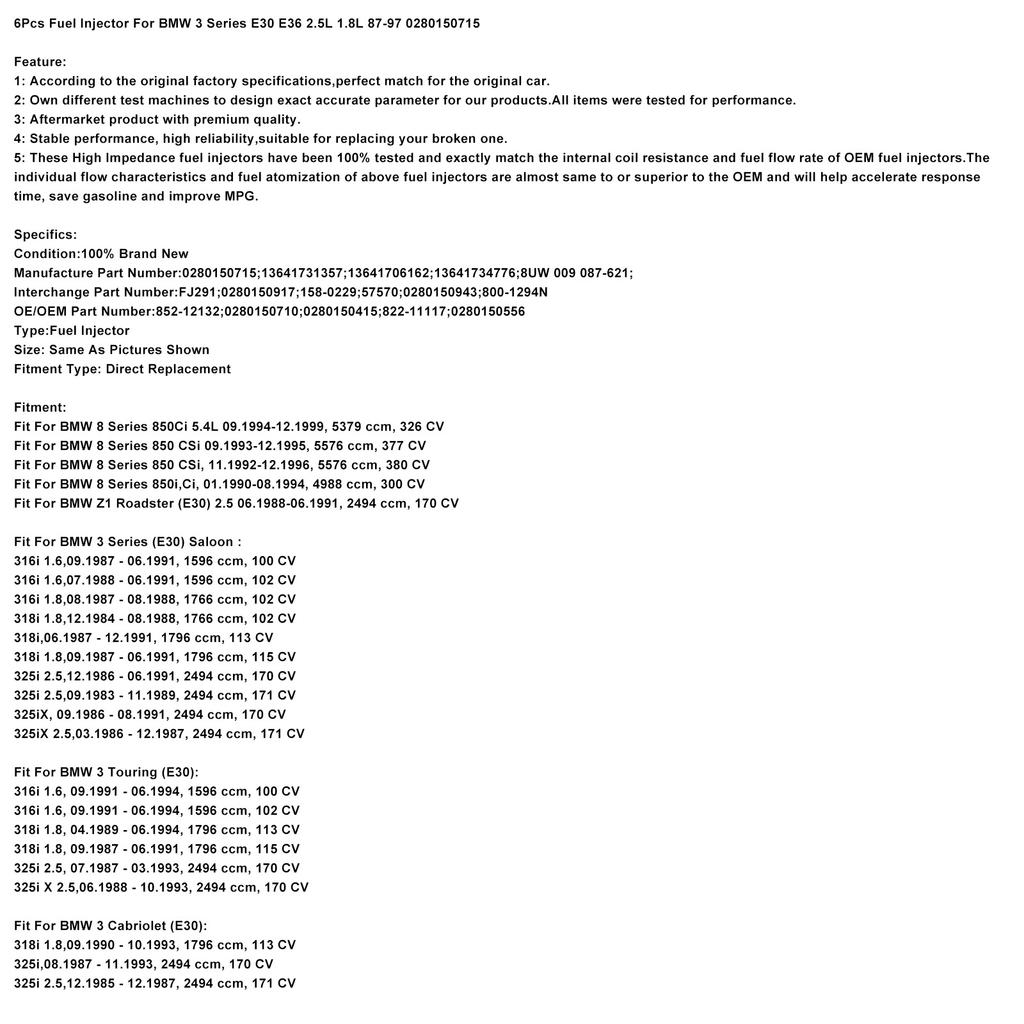 6 Stück Kraftstoffeinspritzdüse für BMW 3er E30 E36 2,5L 1,8L 87-97 Ford 0280150715