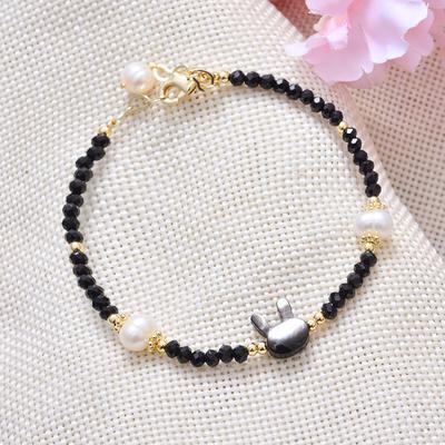 Lovely Rabbit Animal Design Black Crystal Natural Freshwater Pearl 14K Gold Filled Female Charm Bracelet Girlfriend Party Gifts