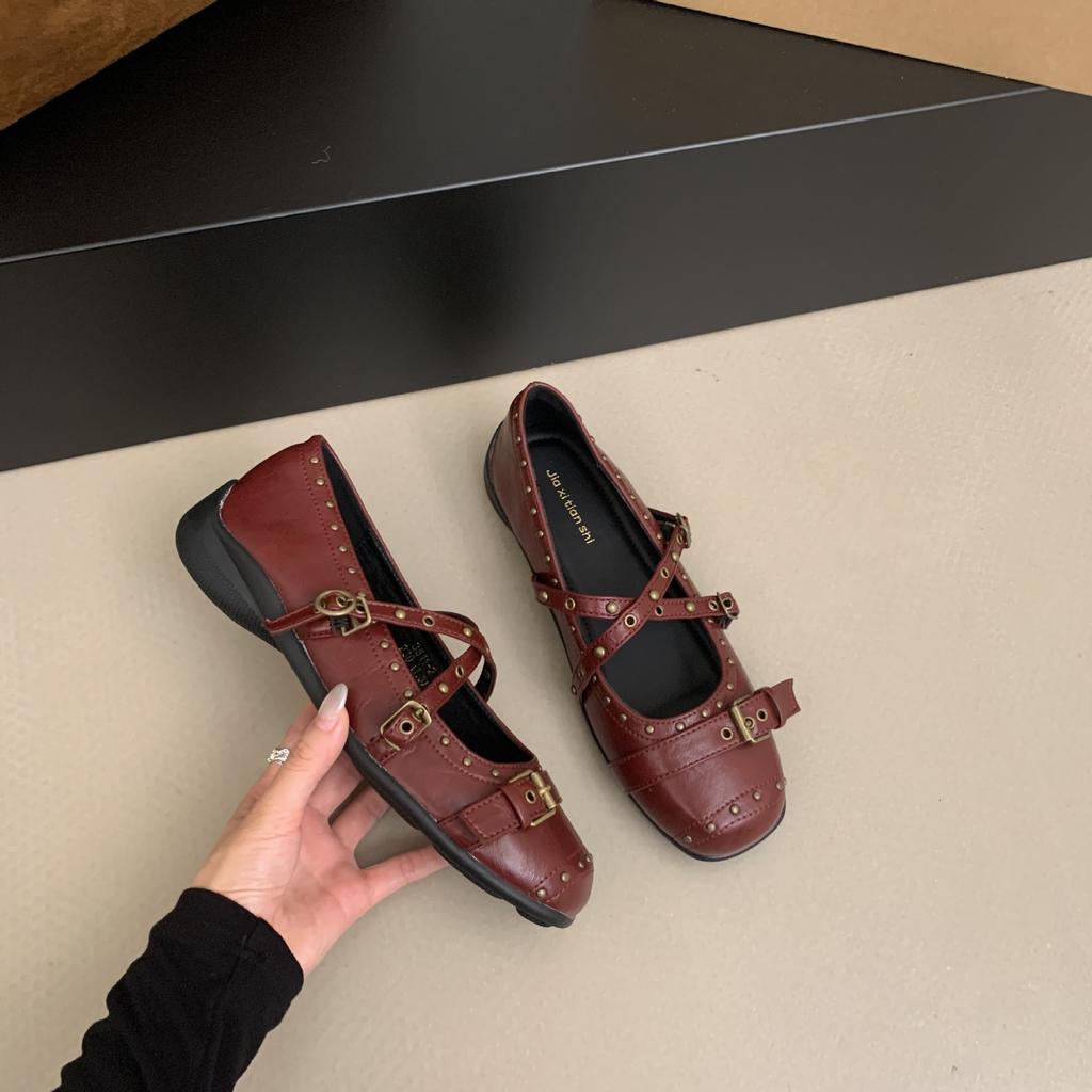 Retro Spice Girl Rivet Shallow Mouth Mary Jane Shoes Women's 2025 Summer New Casual Platform Sports Ballet Shoes
