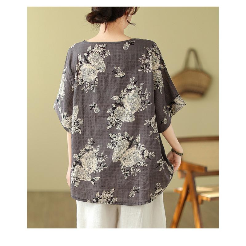Damen Leinen Baumwolle Blumenmuster Bluse Freizeit Fledermausärmel Locker geschnittenes Hemd
