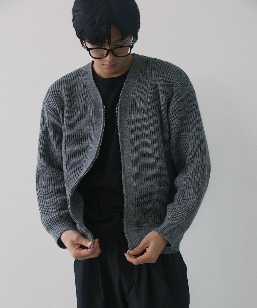 NODU Essential V-Neck Knit Zip-Up Cardigan [Gray]
