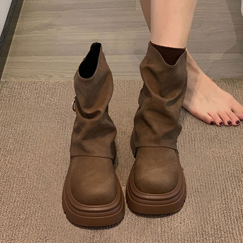 British Style High-end Short Boots Autumn New Super Fire Versatile Martin Boots Heightened Thick-soled Medium Boots