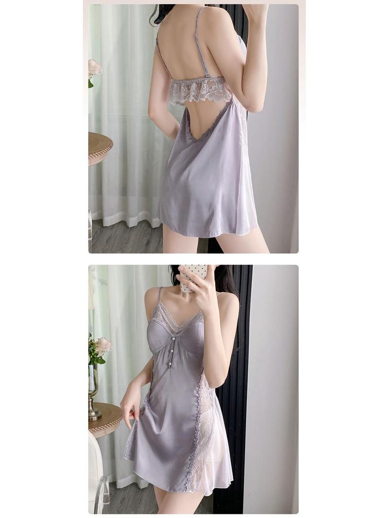 2025 Women's Summer Ice Silk Lace Camisole Pajamas - Breathable, Sexy, French-Style Nightdress for Home