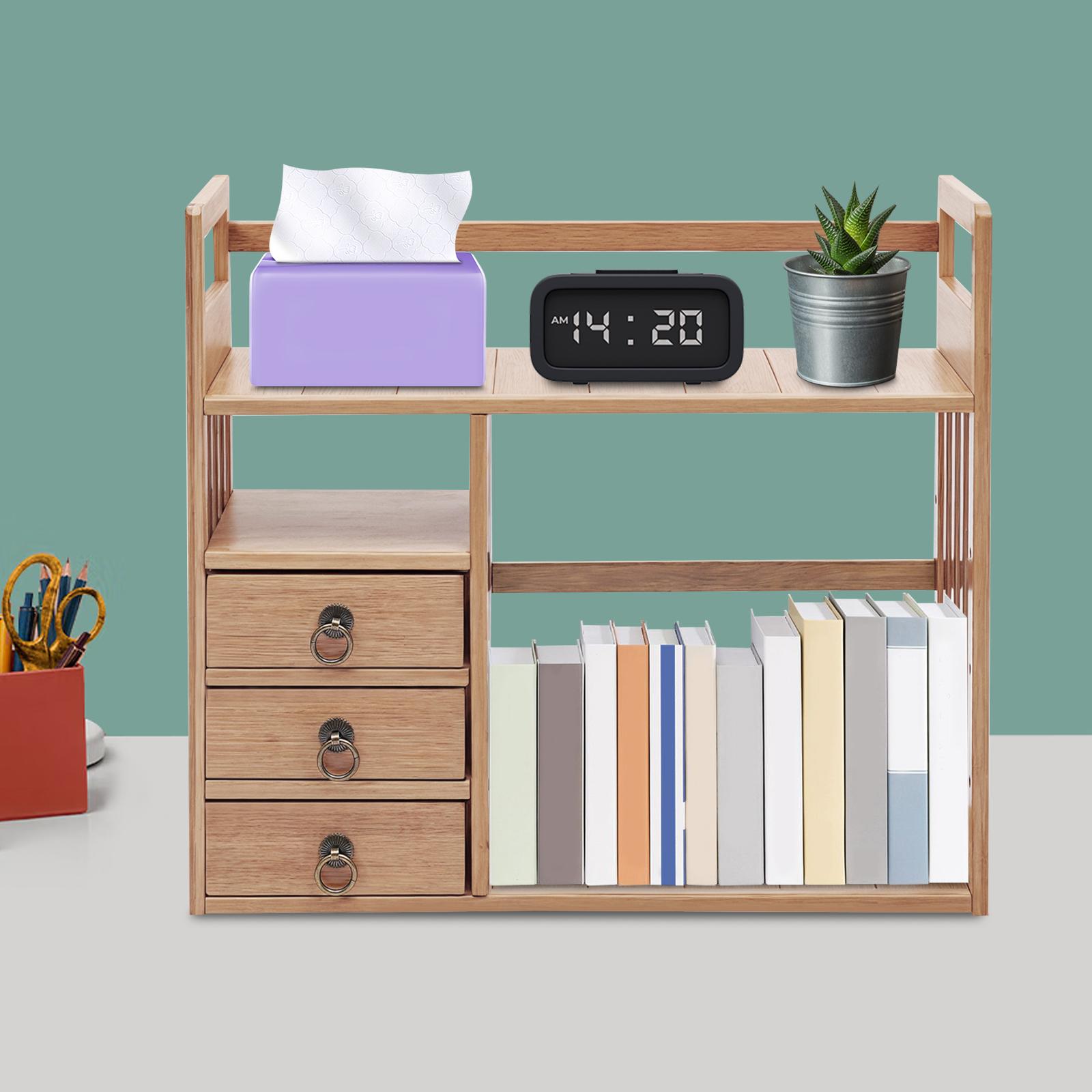 

3 Drawer Desktop Bookshelf,Bamboo Storage Organizer W/ Drawers,Modern Tabletop Shelf File Tray for Office & Home, 55lbs Capacity