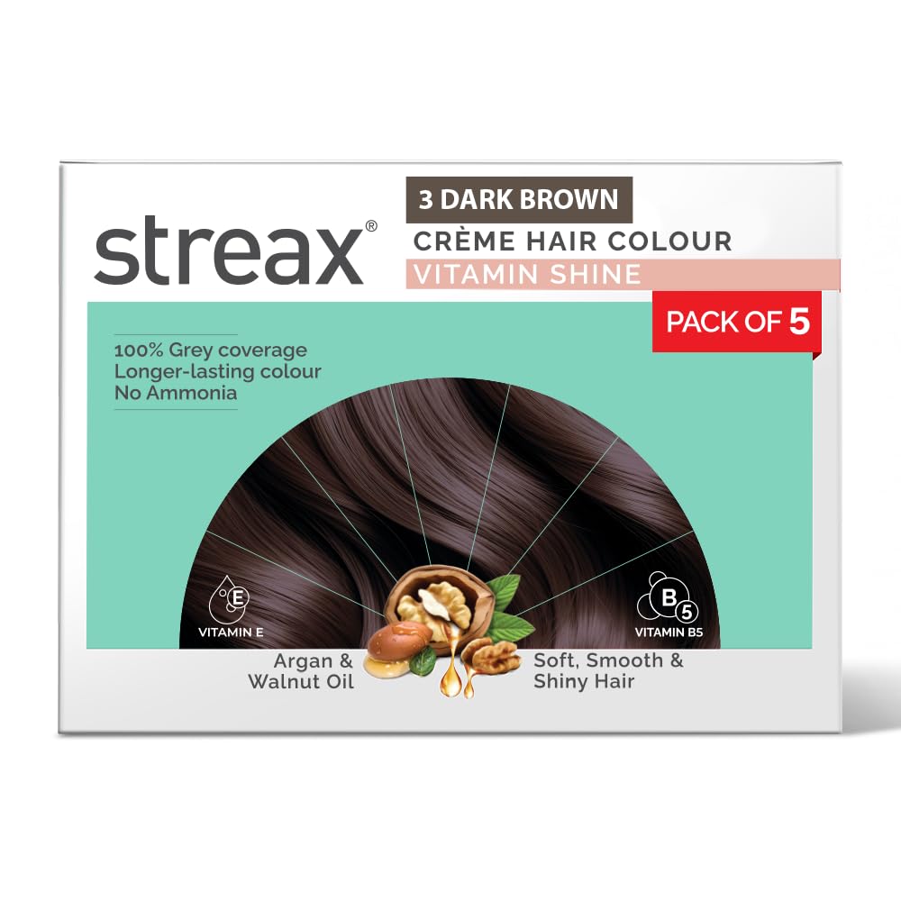 

Streax Crème Permanent Hair Colour Dark Brown 45gm (Pack of 5) Long Lasting Grey Coverage Ammonia Free