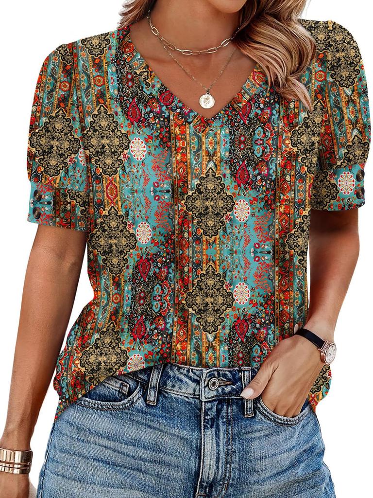 Women's V-Neck Short Sleeve Blouse with Button Cuff, Casual Solid Color Top for Daily Wear