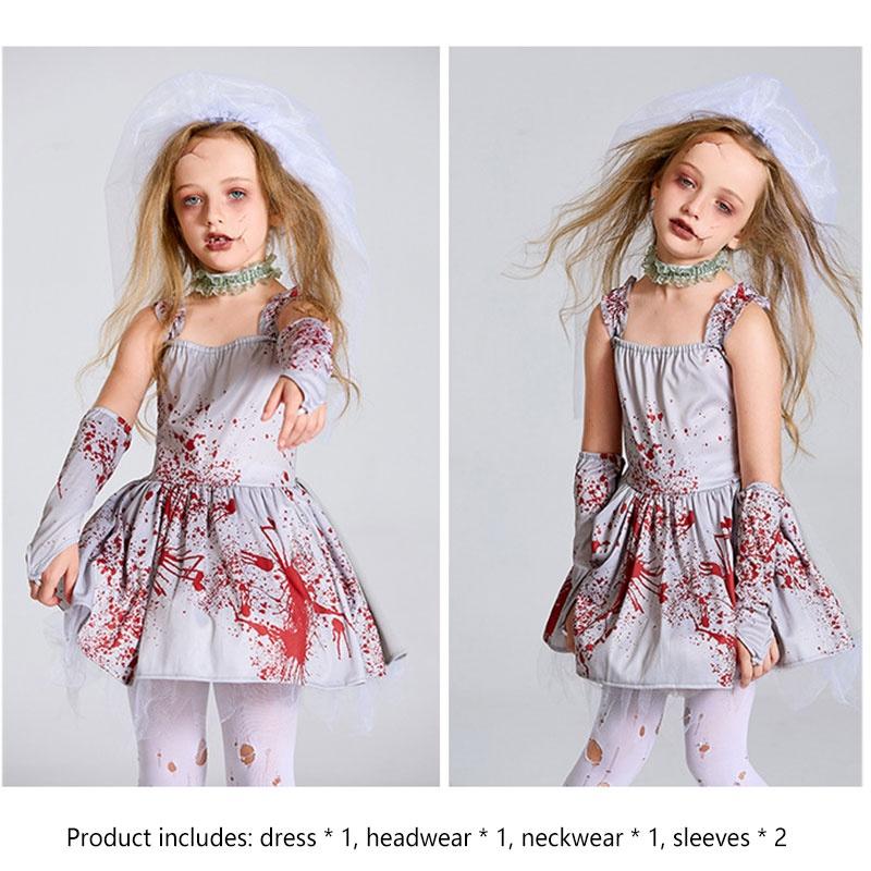 Girls Bloodstained Horror Ghost Bride Cosplay Dress Halloween Parties Costume