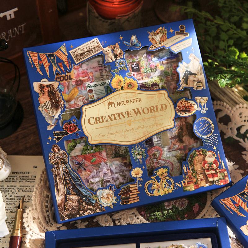 100sheets/box World Creativity Series Sticker Gift Box Hand Account Collage Material Greeting Card Notebook Decorative Gift