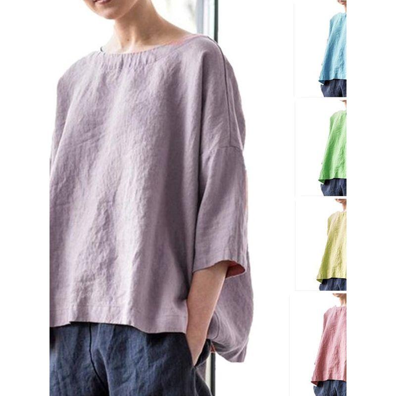 round-Neck Solid-Color Top round Neck Loose All-Match Artistic Plus size Solid Half Sleeve Top Women