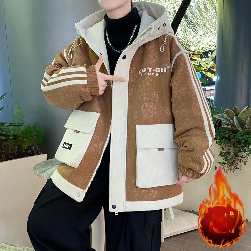 Winter Fleece-lined Thickened Jacket Men's New Fashion Cold-proof Warm Youth Hong Kong Style Tooling Large Pocket Cotton-padded Jacket