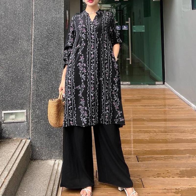 ZANZEA Women Print Long Blouse and Pants Casual Two Piece Suit Sets
