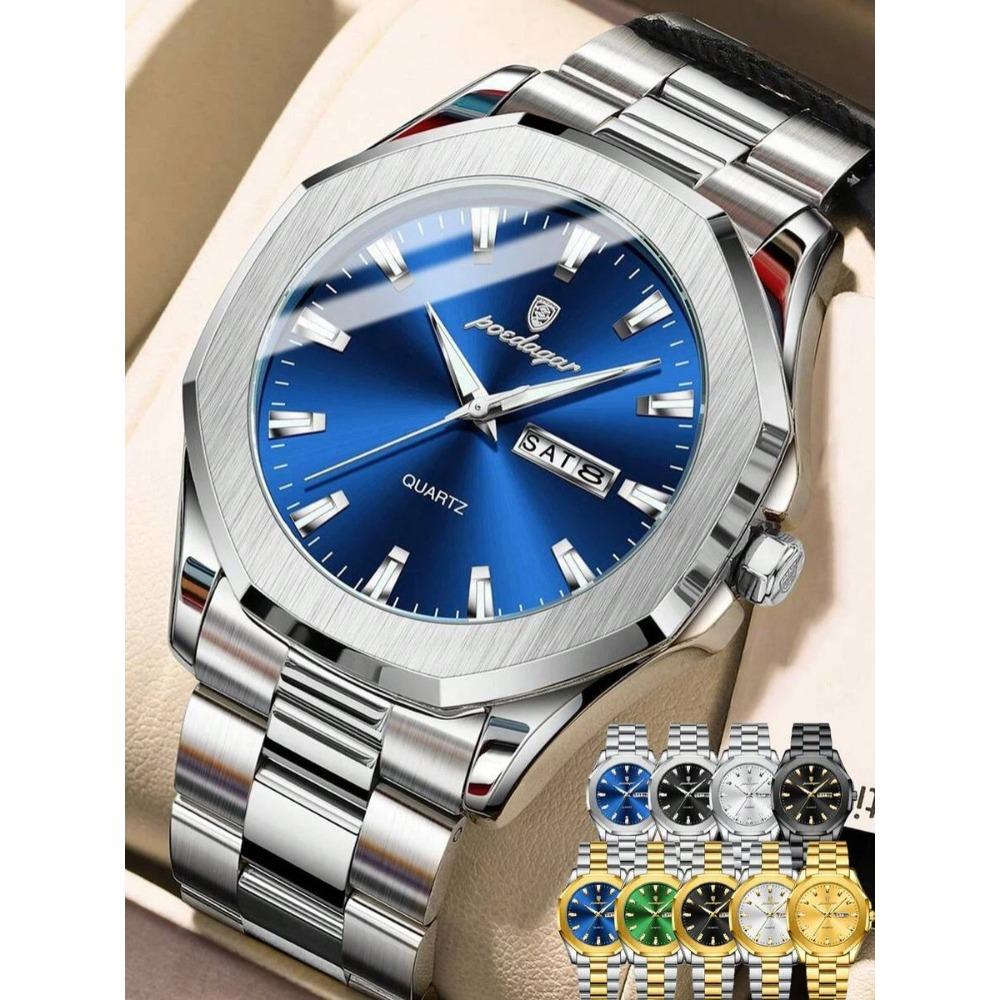 POEDAGAR 1pc Casual Men's Stainless Steel Quartz Wristwatch, Dual Date Display, Business Waterproof Luminous Wristwatch, Men's Gift