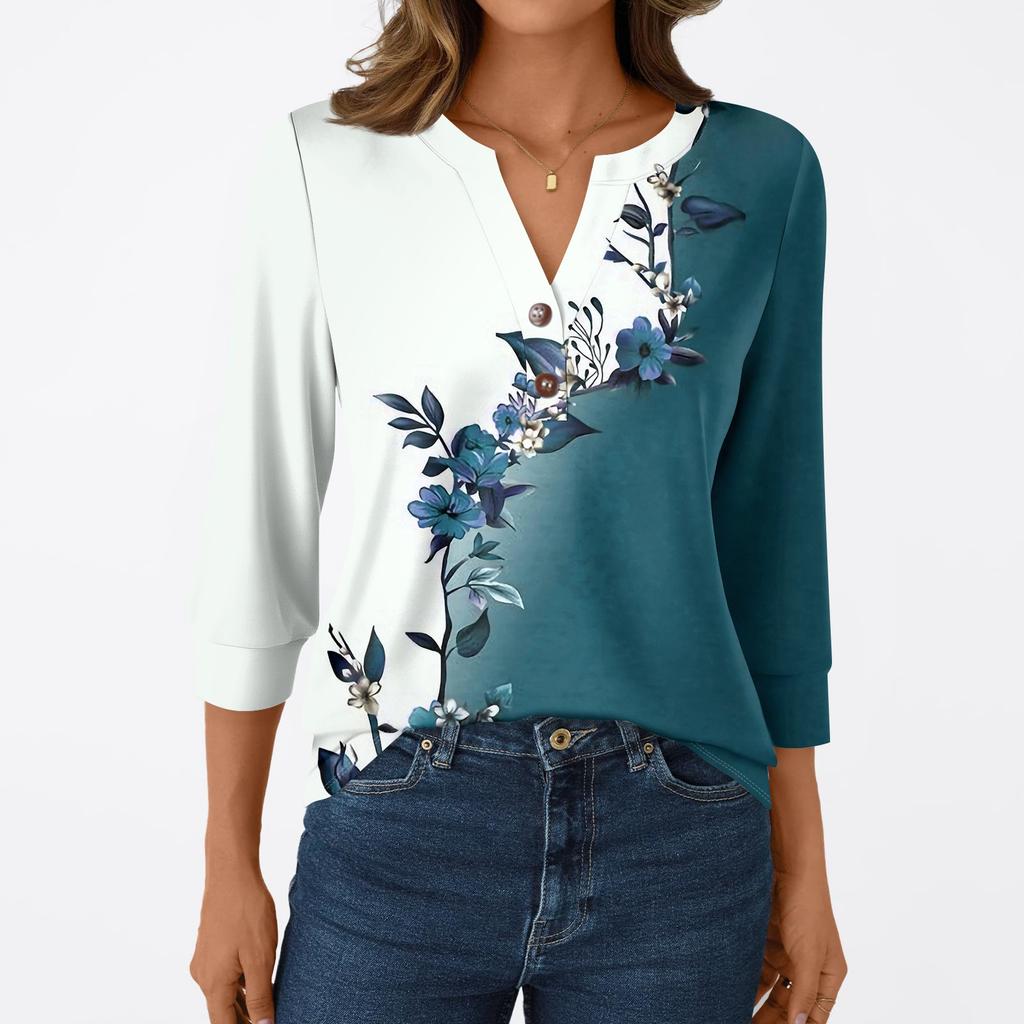 Women's Fashion Casual 3/4 Sleeve T-Shirt Prints V-Neck Button Top